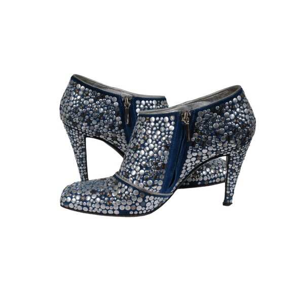 Sergio Rossi Womens Studded Suede Booties US 7 EU 37 Blue Silver Square TOe - Picture 9 of 12